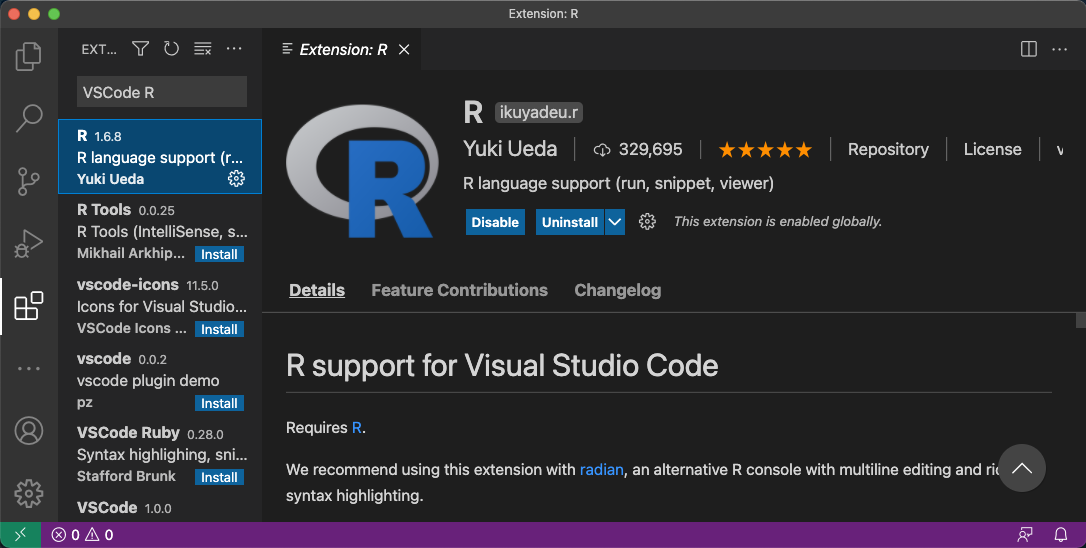 Figure 10: Install VSCode R extension